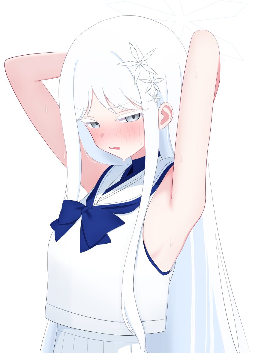 1girl, absurdres, arm_up, armpit_focus, armpits, blue_archive, blue_bow, blush