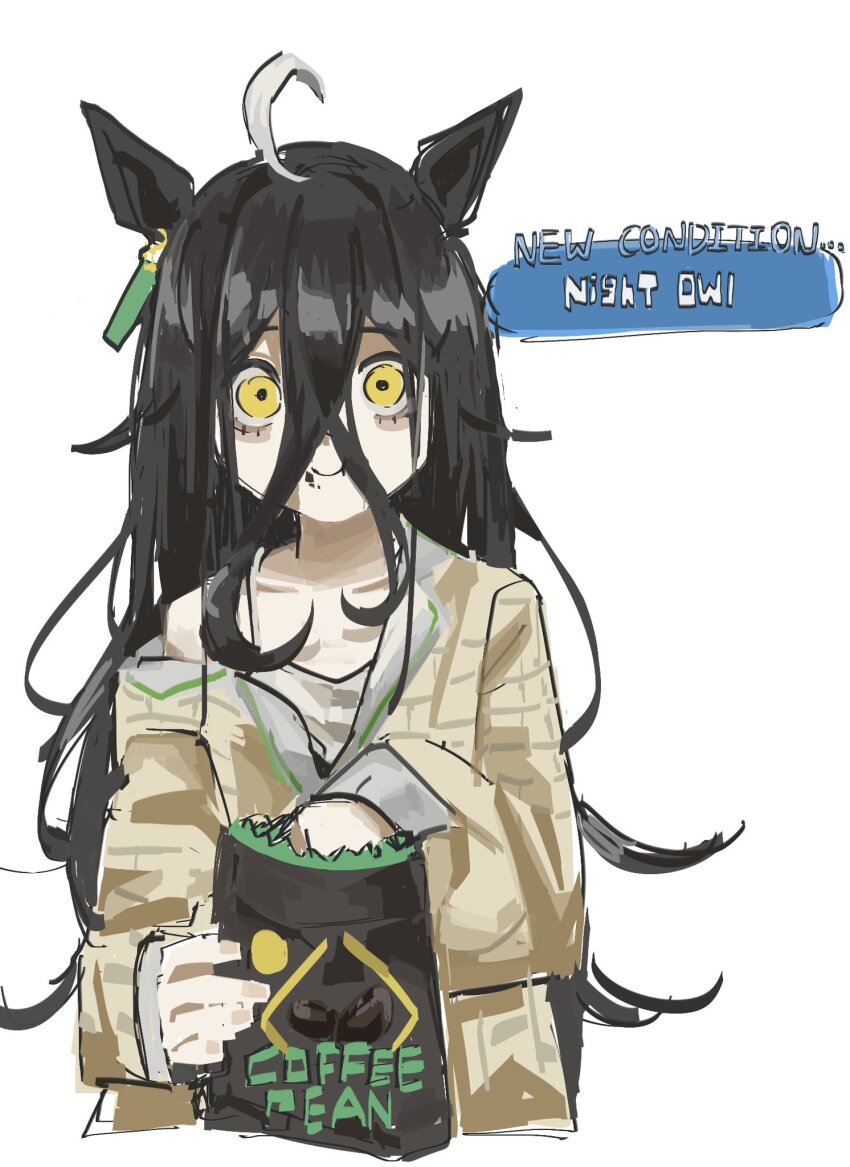 1girl, ahoge, animal_ears, bag, bags_under_eyes, bare_shoulders, camisole, closed_mouth