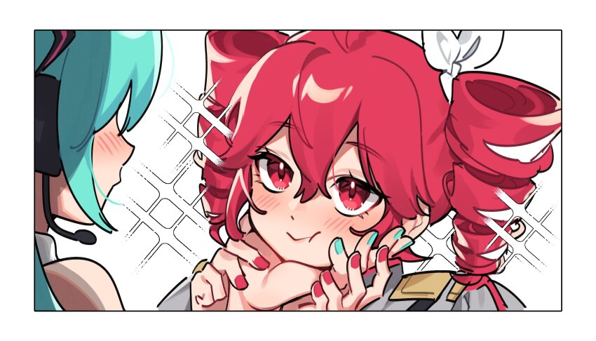 2girls, aqua_hair, aqua_nails, commentary, drill_hair, english_commentary, grey_jacket, grimruu