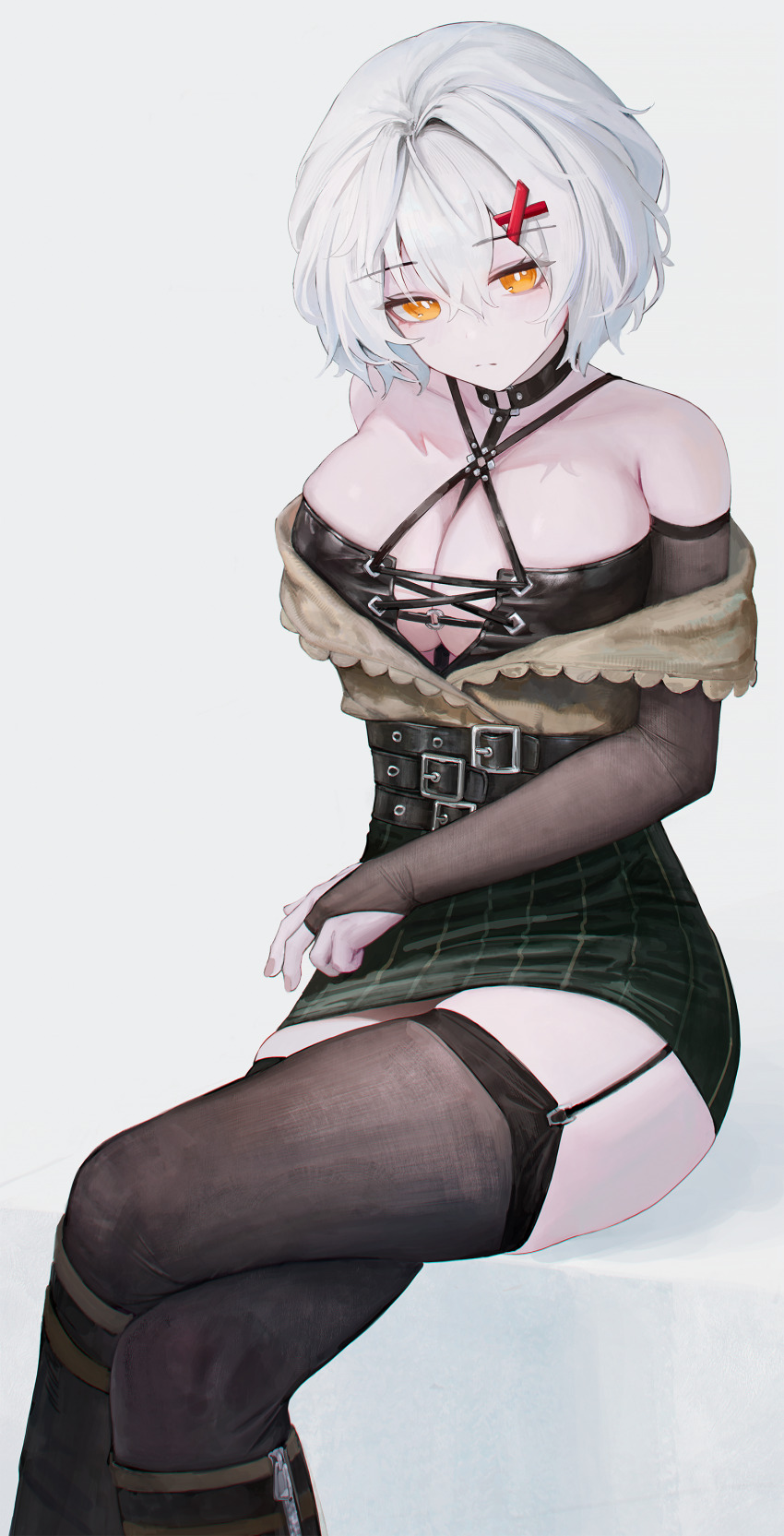 1girl, absurdres, ash_arms, bare_shoulders, black_gloves, black_thighhighs, breasts, bridal_gauntlets, cleavage, commission, crossed_legs, elbow_gloves, flippy_(cripine111), garter_straps, gloves, hair_between_eyes, hair_ornament, highres, large_breasts, looking_at_viewer, pe-2_(ash_arms), pixiv_commission, short_hair, sitting, solo, thighhighs, white_background, white_hair, x_hair_ornament, yellow_eyes