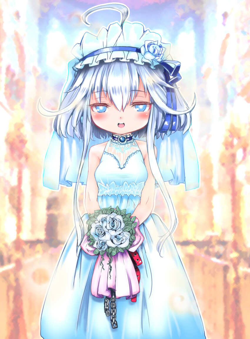 1girl, ahoge, ajitarou_(setsu), alternate_costume, bare_shoulders, bdsm, blue_eyes, blue_ribbon