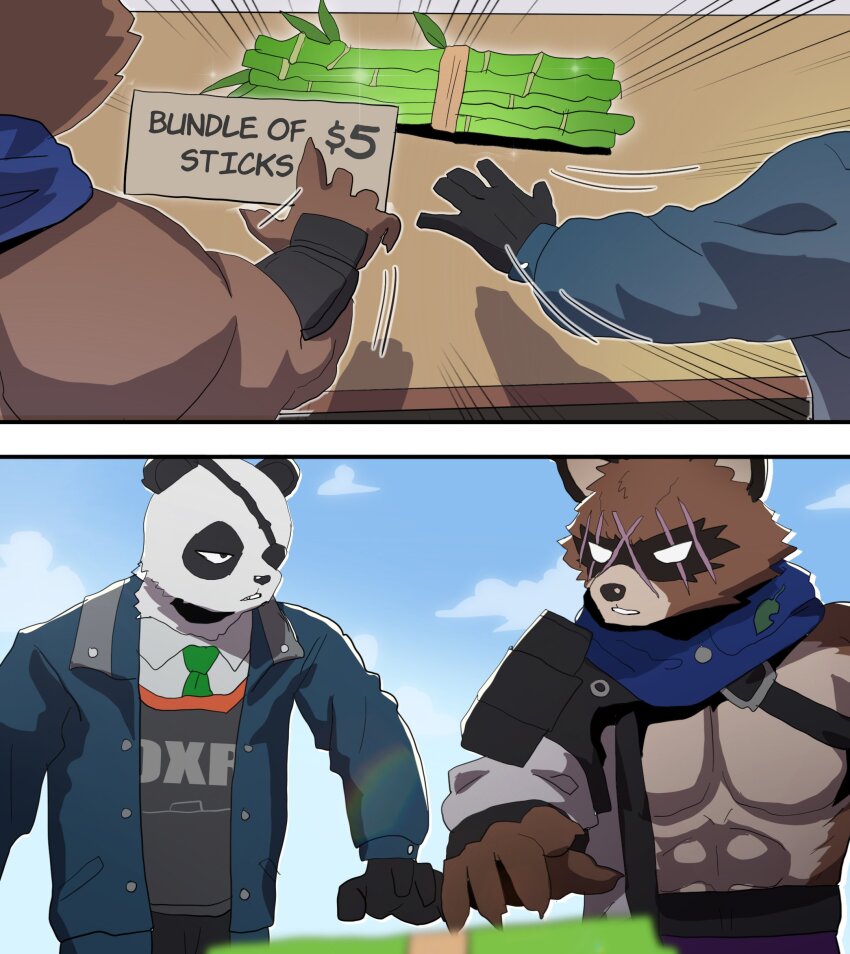 2boys, abs, absurdres, agent_patch_(fortnite), animal_ears, bamboo, commentary, english_commentary