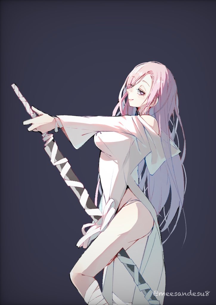 1girl, bandaged_leg, bandages, black_background, blush, breasts, closed_mouth, dress, from_side, hair_over_one_eye, holding, holding_sword, holding_weapon, large_breasts, lips, long_hair, looking_at_viewer, obakesandesu8, pink_eyes, pink_hair, simple_background, smile, solo, sword, sword_between_thighs, symbol-shaped_pupils, talia_(dai_nana_oji), tensei_shitara_dai_nana_oji_datta_no_de:_kimama_ni_majutsu_o_kiwamemasu, very_long_hair, weapon, white_dress