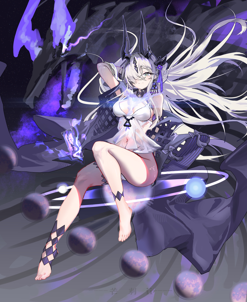 1girl, absurdres, aqua_eyes, arknights, arm_behind_head, barefoot, bikini, breasts