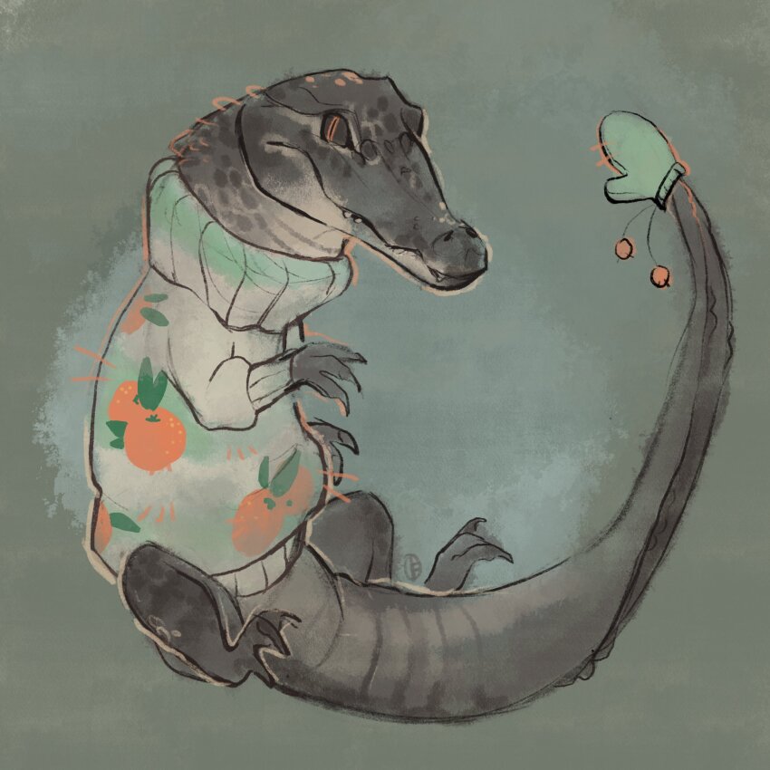 alligator, animal, animal_focus, aqua_sweater, black_sclera, clothed_animal, colored_sclera, commentary