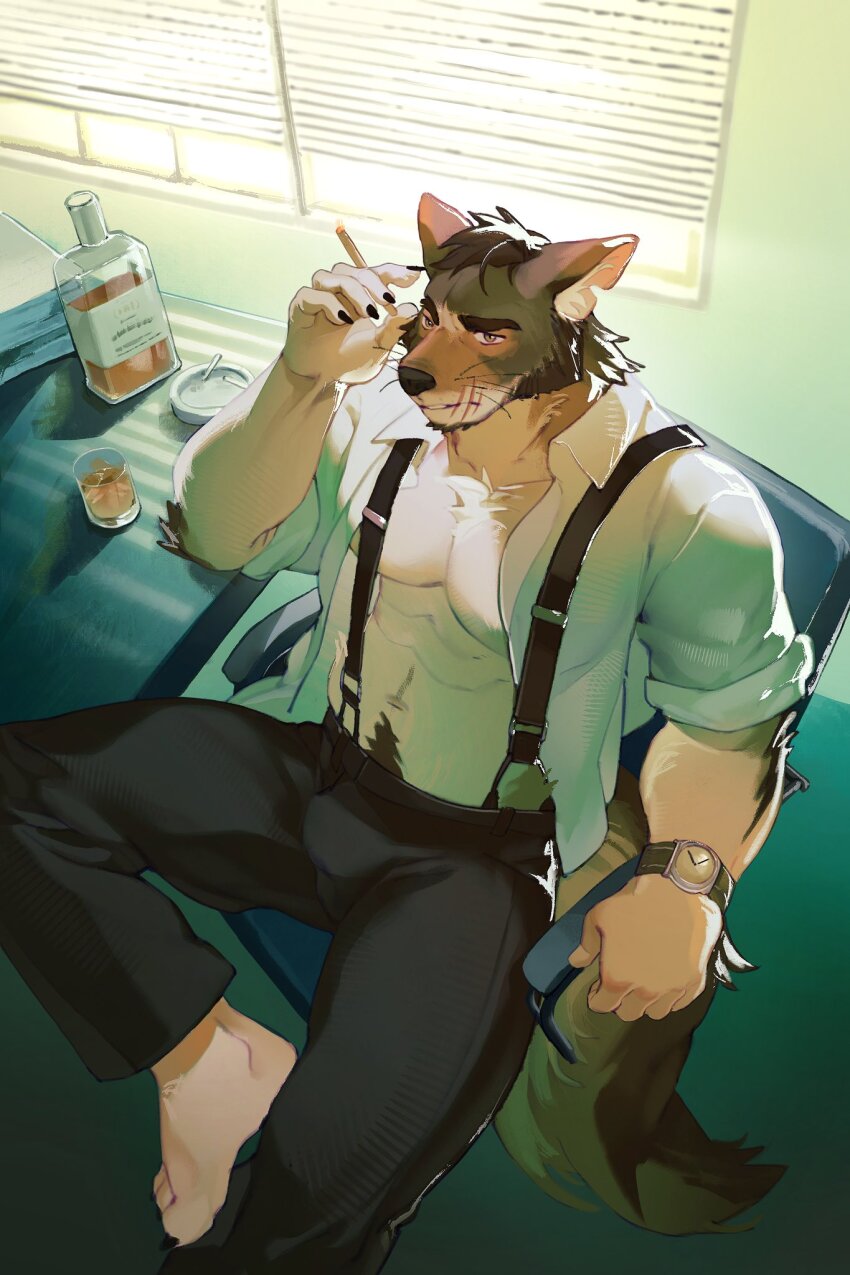1boy, abs, alcohol, animal_ears, ashtray, bara, barefoot, black_pants
