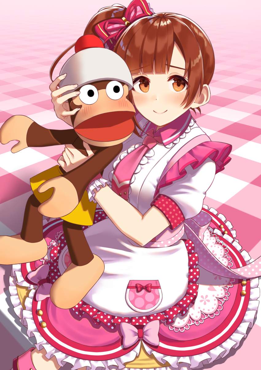 1girl, absurdres, animal, blush, bow, brown_eyes, brown_hair, closed_mouth
