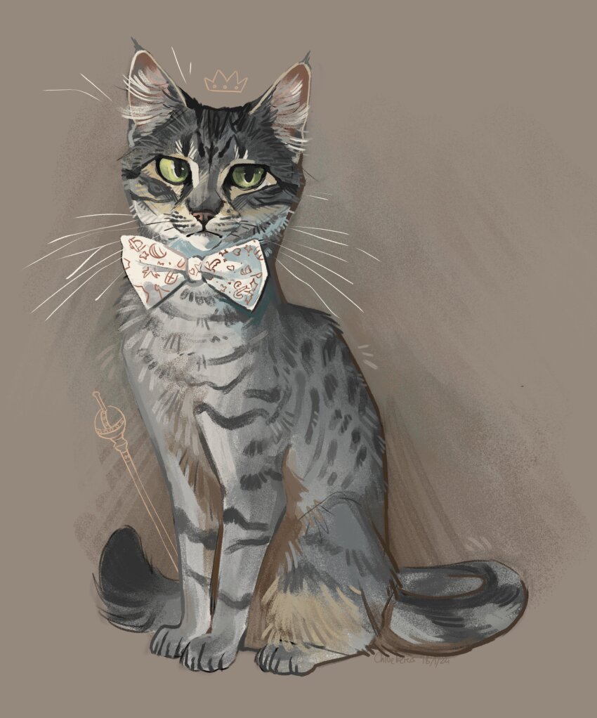 absurdres, animal, animal_focus, bow, bowtie, brown_background, cat, commentary