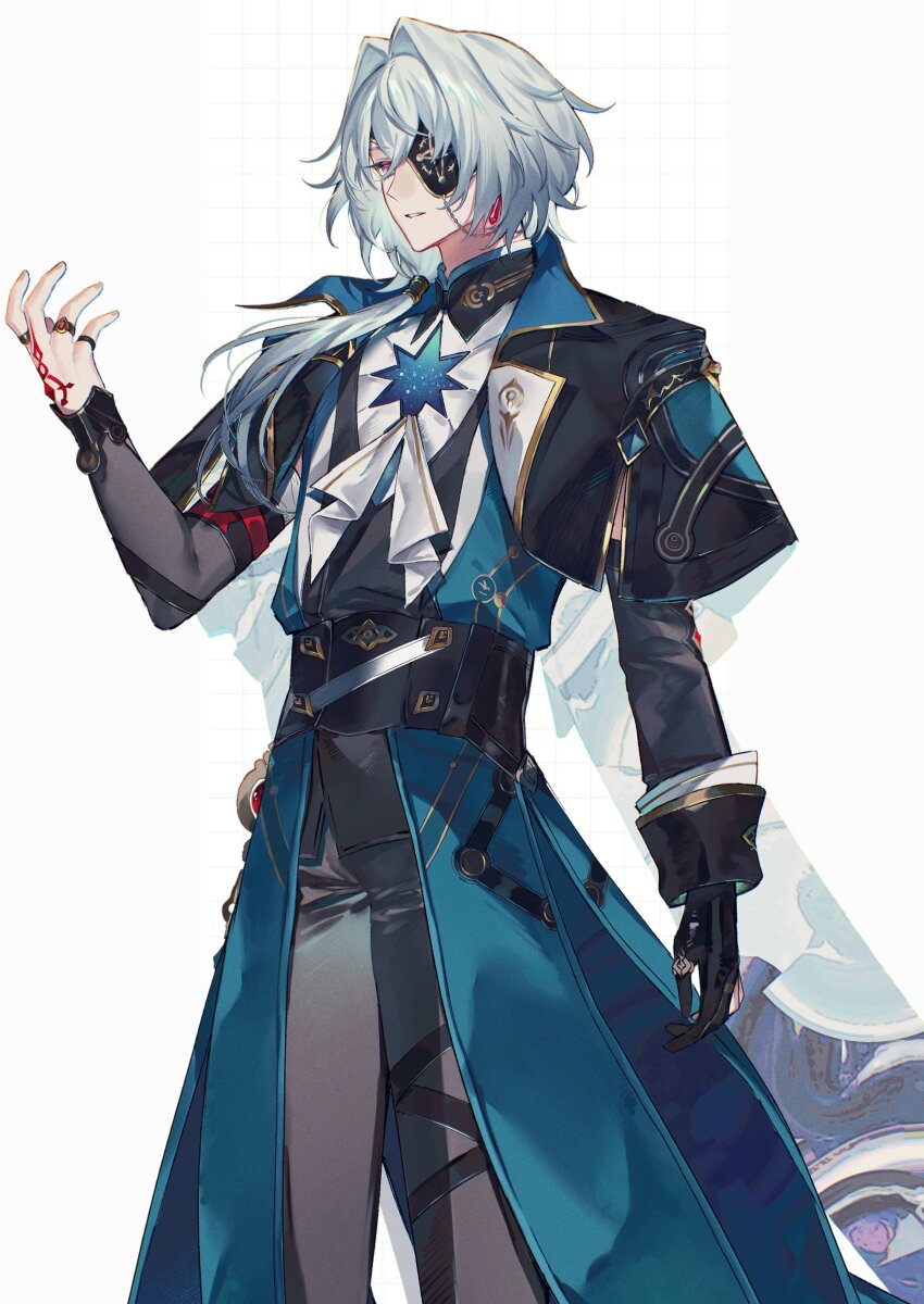 1boy, absurdres, anaxa_(honkai:_star_rail), aqua_hair, black_gloves, black_jacket, chain, earrings