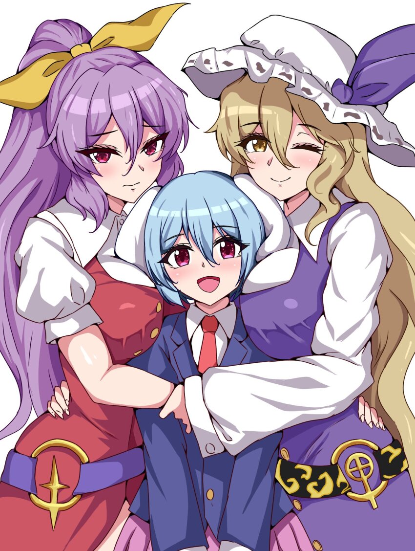 3girls, animal_ears, between_breasts, blonde_hair, blue_hair, blue_jacket, blush, breasts, closed_mouth, collared_shirt, dress, embarrassed, group_hug, hair_between_eyes, hand_on_another's_back, hat, height_difference, high_ponytail, highres, holding_another's_wrist, hug, jacket, large_breasts, long_hair, long_sleeves, looking_at_viewer, medium_hair, mob_cap, multiple_girls, necktie, one_eye_closed, open_mouth, pink_skirt, ponytail, purple_dress, purple_eyes, purple_hair, rabbit_ears, rabbit_girl, red_dress, red_necktie, reisen_(touhou_bougetsushou), ribbon, s_watatsuki_n, shirt, short_sleeves, skirt, smile, touhou, very_long_hair, watatsuki_no_toyohime, watatsuki_no_yorihime, white_background, white_shirt, yellow_eyes, yellow_ribbon