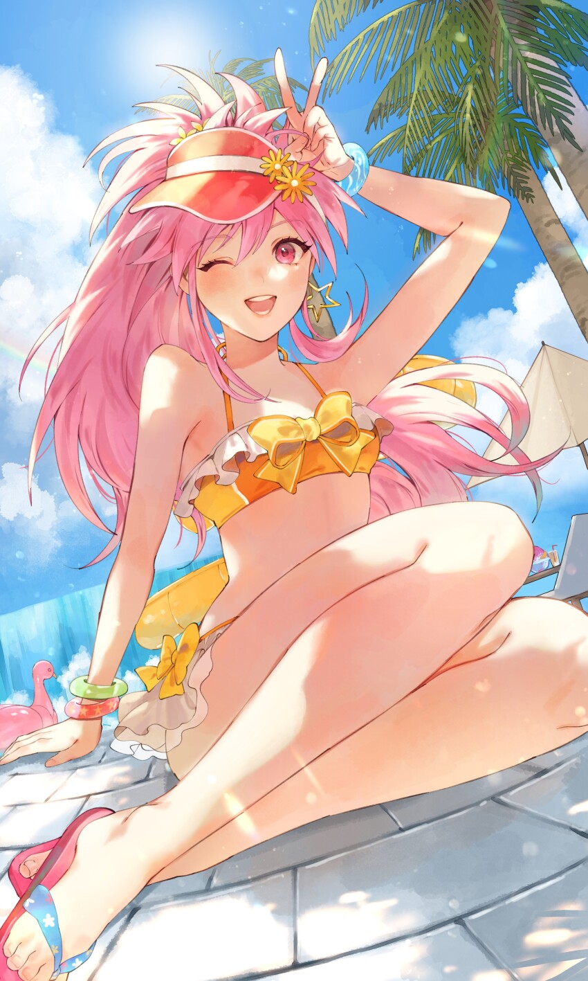 1girl, absurdres, arche_klein, arche_klein_(summer), arm_up, bikini, blue_sky, bow, bowtie, bracelet, commission, drink, earrings, feet, flip-flops, floral_print, flower_ornament, food, frilled_bikini, frills, front-tie_bikini_top, front-tie_top, hand_on_floor, highres, inflatable_flamingo, jewelry, long_hair, looking_at_viewer, multicolored_bikini, ocean, official_alternate_costume, one_eye_closed, open_mouth, orange_bikini, palm_tree, pink_eyes, pink_hair, pink_sandals, ponytail, red_visor, sandals, shaved_ice, sitting, sky, smile, solo, star_(symbol), star_earrings, star_print, sun, swimsuit, tales_of_(series), tales_of_asteria, tales_of_phantasia, tree, two-tone_bikini, v, visor_cap, water_slide, wawatiku, wide_ponytail, yellow_bikini, yellow_bow, yellow_bowtie, yokozuwari