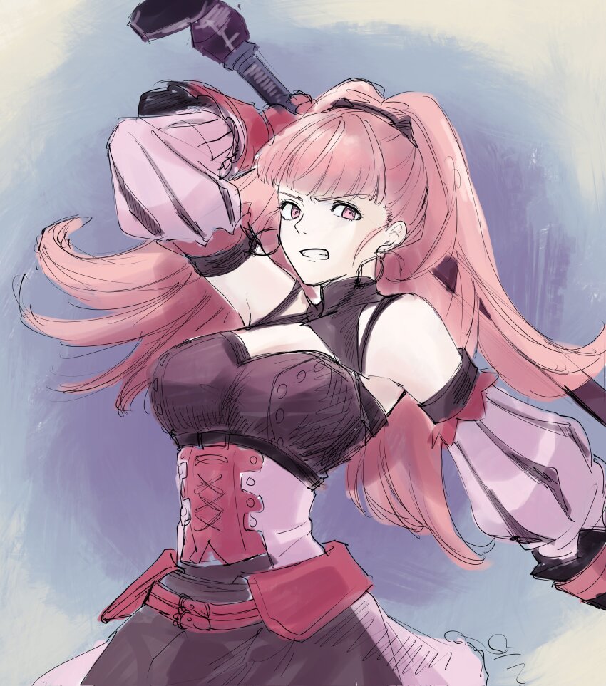 1girl, absurdres, axe, breasts, cleavage, dress, earrings, fire_emblem, fire_emblem:_three_houses, gloves, highres, hilda_valentine_goneril, hilda_valentine_goneril_(timeskip), holding, holding_axe, hoop_earrings, jewelry, large_breasts, long_hair, looking_at_viewer, marukubi9595, nintendo, open_mouth, pink_dress, pink_eyes, pink_hair, ponytail, red_gloves, simple_background, solo, teeth, upper_body