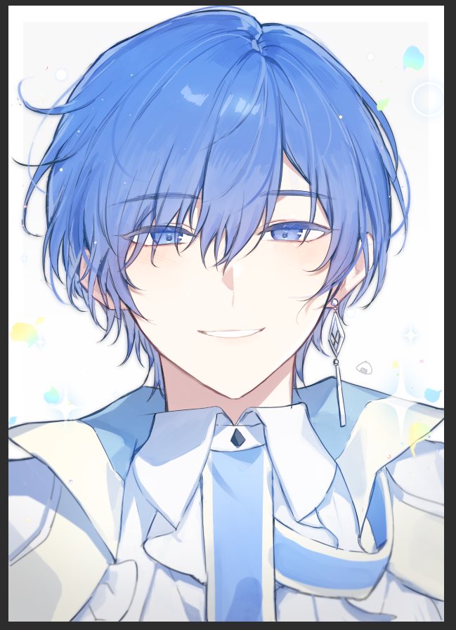 1boy, blue_eyes, blue_hair, blue_scarf, collared_shirt, commentary, earrings, hashtag-only_commentary