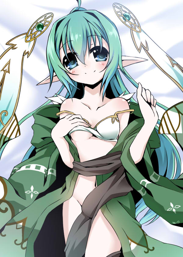 1girl, ahoge, blue_eyes, bra, come_hither, emil_chronicle_online, green_hair, green_jacket