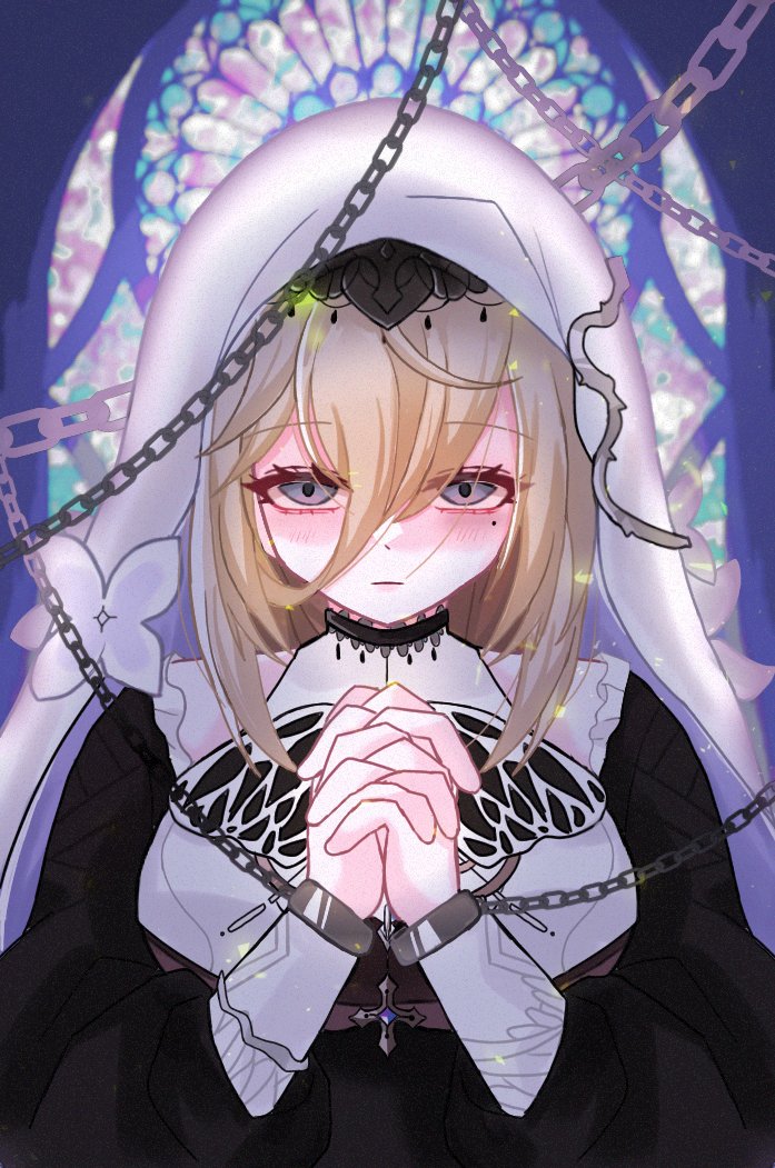 1girl, aponia, black_dress, blonde_hair, breasts, church, commentary, dress