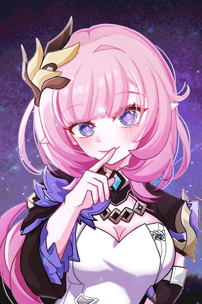 1girl, blue_eyes, breasts, cleavage, commentary_request, corset, elf, elysia_(honkai_impact)