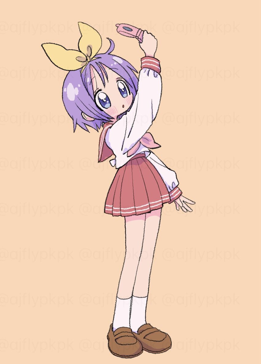 1girl, aji_fry, blue_eyes, blush, bow, brown_shoes, hair_bow, highres, hiiragi_tsukasa, holding, holding_phone, lucky_star, neckerchief, orange_background, phone, pink_neckerchief, pleated_skirt, purple_hair, red_sailor_collar, red_skirt, ryouou_school_uniform, sailor_collar, school_uniform, serafuku, shirt, shoes, short_hair, skirt, socks, tareme, white_shirt, white_socks, yellow_bow