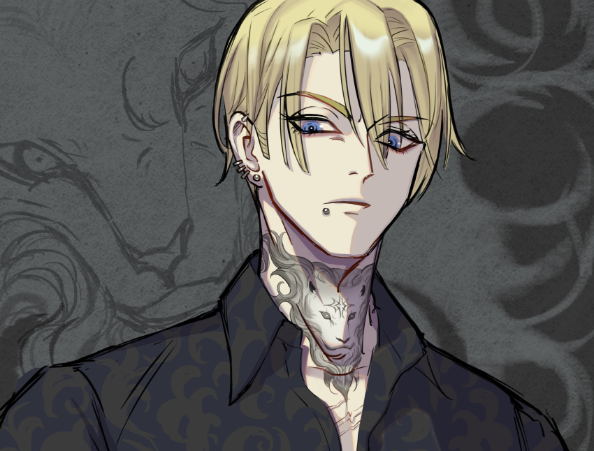 1boy, alternate_tattoo, black_shirt, blonde_hair, blue_eyes, closed_mouth, collared_shirt, commentary