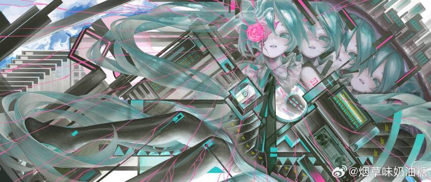 4girls, abstract_background, aqua_eyes, aqua_hair, aqua_trim, black_necktie, black_pantyhose, black_skirt