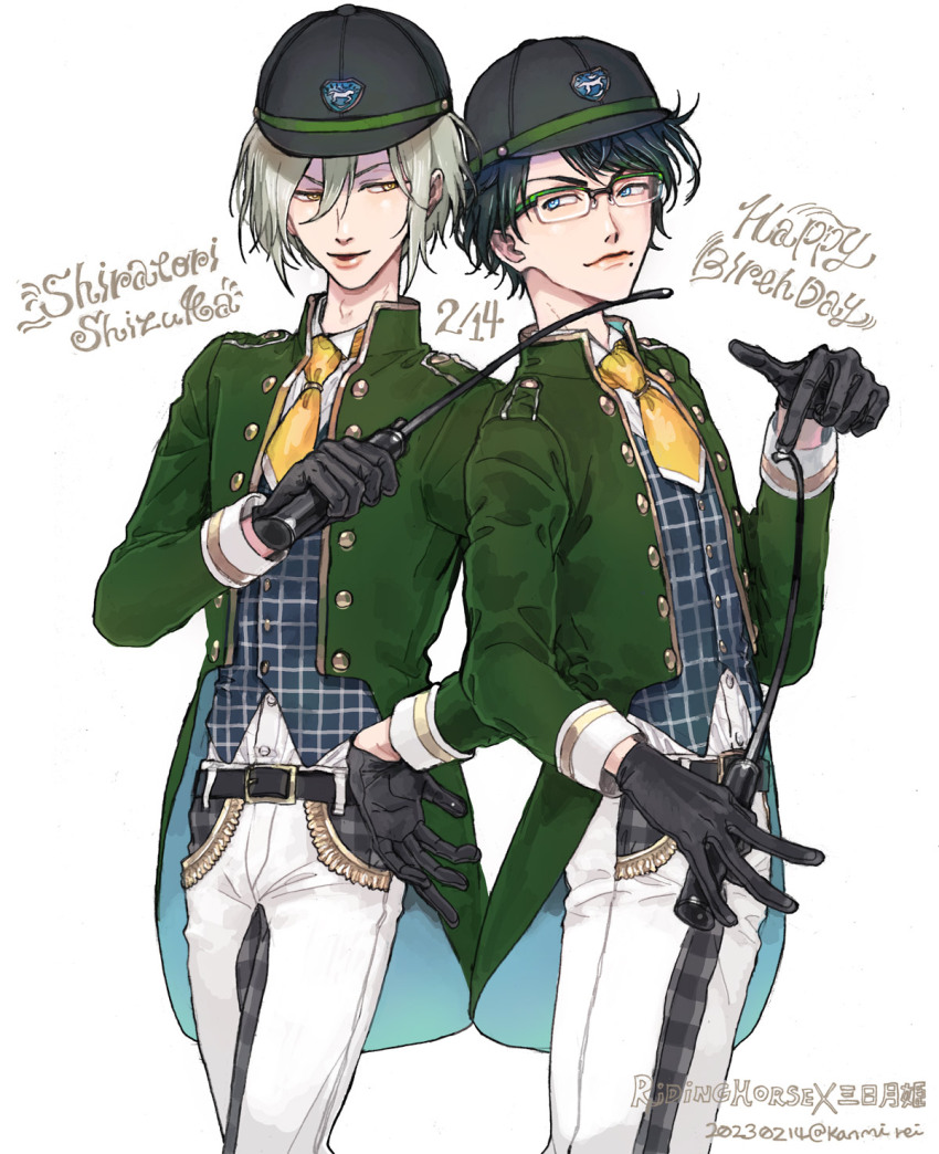 2boys, artist_name, ascot, belt, black_gloves, black_hat, blue_eyes, character_name