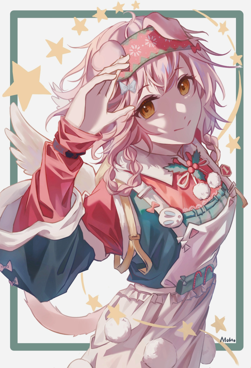 1girl, animal_ears, apron, arknights, arm_up, bow, braid, candy, candy_cane, chinese_commentary, closed_mouth, commentary_request, food, frills, goldenglow_(arknights), goldenglow_(maiden_for_the_bright_night)_(arknights), green_hairband, green_vest, grey_bow, hair_bow, hairband, heart, highres, layered_sleeves, long_sleeves, looking_at_viewer, medium_hair, mo_mo_(g3579515), official_alternate_costume, pink_hair, pom_pom_(clothes), red_hairband, red_shirt, shirt, skirt, smile, solo, split_mouth, star_(symbol), vest, white_apron, white_skirt, white_wings, wings, yellow_eyes