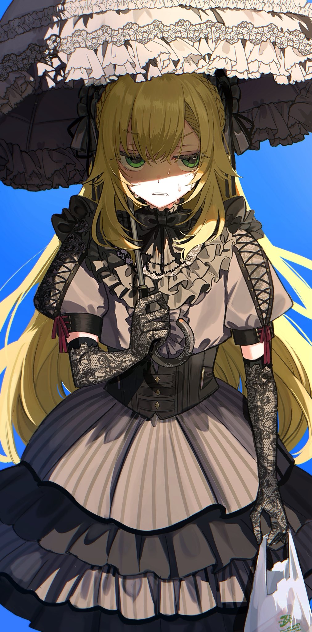 1boy, black_bow, black_bowtie, black_corset, black_dress, black_gloves, black_hairband, black_umbrella, blonde_hair, blue_background, bow, bowtie, braid, corset, crossdressing, crossdressing_(mtf), crown_braid, dress, elbow_gloves, frilled_dress, frilled_hairband, frilled_umbrella, frills, gloves, green_eyes, hairband, highres, holding, holding_umbrella, lace, lace_gloves, long_hair, male_focus, nijisanji, official_alternate_costume, puffy_short_sleeves, puffy_sleeves, short_sleeves, simple_background, solo, sweat, trap, umbrella, uzuki_kou, virtual_youtuber, yoe777ty