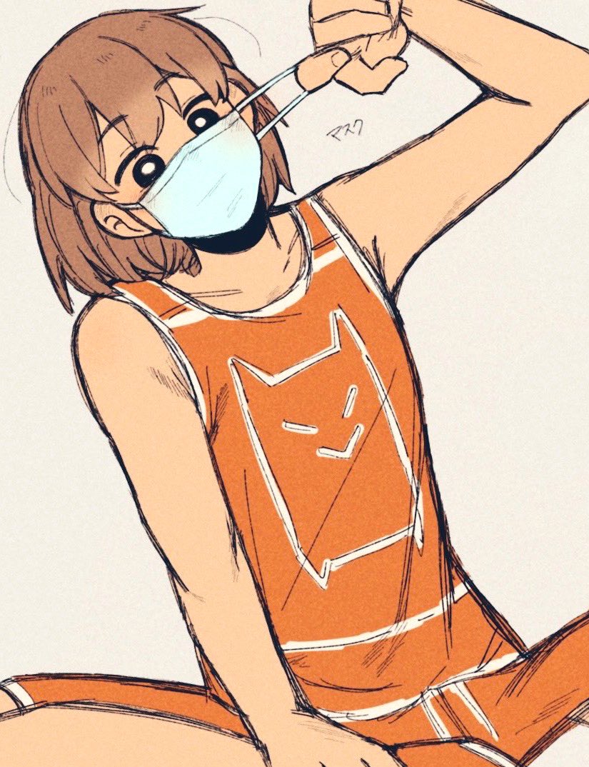 1boy, adjusting_mask, bare_arms, bare_shoulders, black_eyes, black_nails, blue_mask, bright_pupils