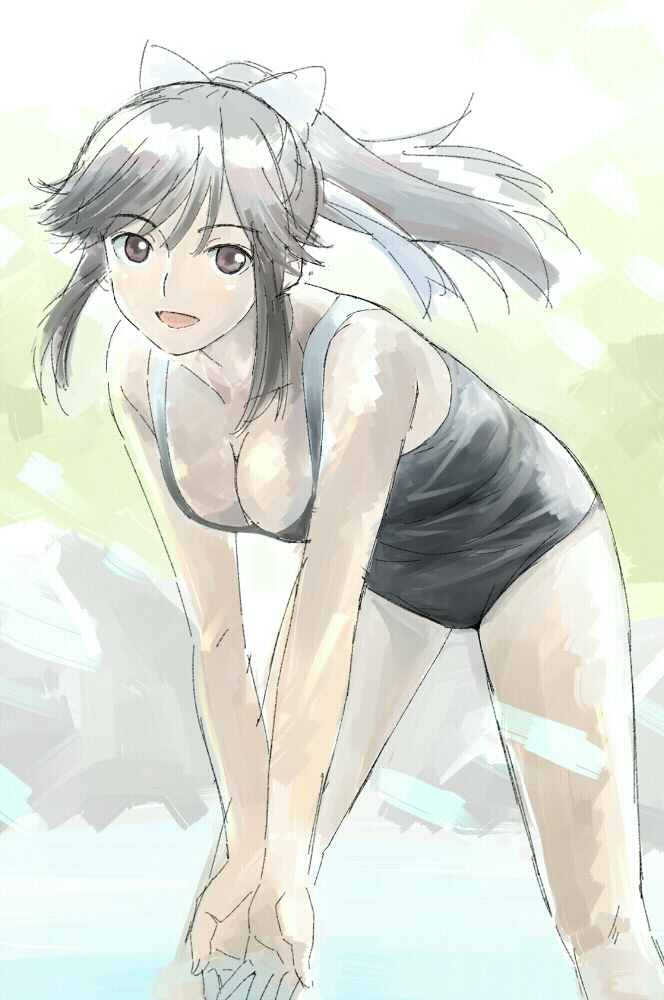 1girl, bad_id, bad_pixiv_id, banzai_nekomimi, bent_over, breasts, brown_eyes, brown_hair