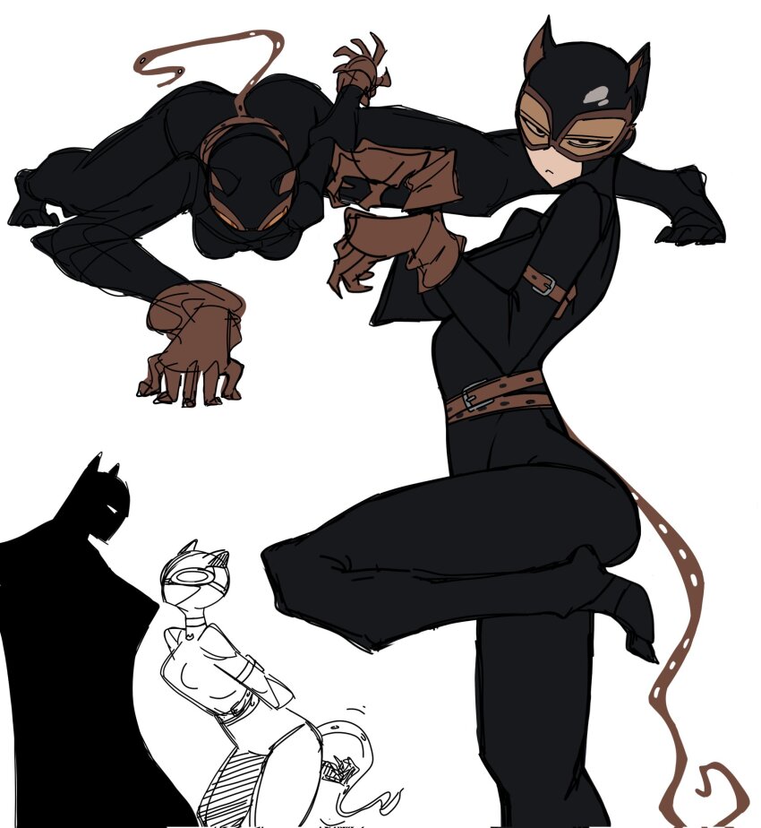 1boy, 1girl, :<, batman, batman_(series), black_bodysuit, bodysuit, catwoman