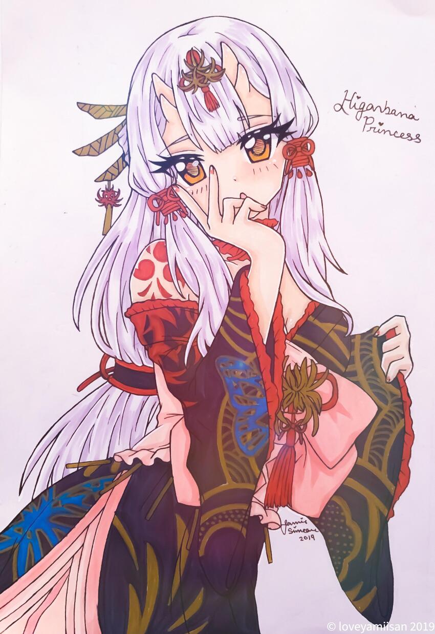 1girl, 2019, absurdres, bare_shoulders, black_kimono, breasts, character_name, cleavage, cowboy_shot, detached_sleeves, dot_nose, expressionless, eyelashes, floral_print, flower, flower_knot, flower_tattoo, frilled_sash, frilled_sleeves, frills, hair_flower, hair_ornament, hair_ribbon, hair_tubes, hairpin, hands_on_own_chin, higabana_princess_(miracle_nikki), highres, horns, instagram_username, japanese_clothes, kimono, light_blush, long_hair, long_sleeves, low-tied_long_hair, low_neckline, miracle_nikki, multiple_hairpins, multiple_horns, nail_polish, nikki_(series), obi, open_mouth, pinching_sleeves, pink_nails, pink_sash, ribbon, sash, shoulder_tattoo, signature, skin-covered_horns, small_horns, solo, spider_lily, standing, strapless_kimono, tassel, tassel_hair_ornament, tattoo, tsurime, very_long_hair, watermark, white_hair, wide_sleeves, yamisaan, yellow_eyes