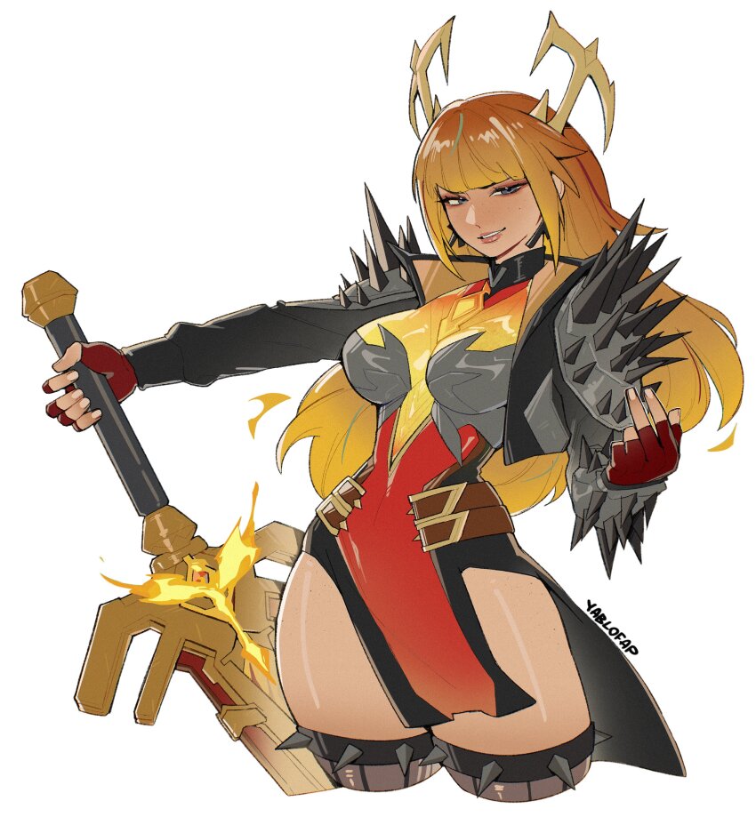 1girl, absurdres, artist_name, blonde_hair, blue_eyes, blunt_bangs, cropped_legs, earrings, fingerless_gloves, fire, gloves, gold_horns, half-closed_eyes, highres, holding, holding_sword, holding_weapon, horns, jacket, jewelry, leotard, light_smile, looking_at_viewer, magik_(phoenix_demon)_(x-men), magik_(x-men), marvel, marvel_rivals, open_clothes, open_jacket, orange_hair, parted_lips, red_gloves, shoulder_spikes, solo, spikes, sword, thick_thighs, thighs, weapon, x-men, yablofap