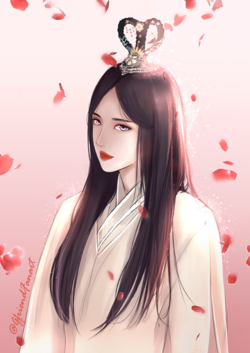 1girl, absurdres, brown_hair, closed_mouth, commentary, english_commentary, eyeshadow, falling_petals