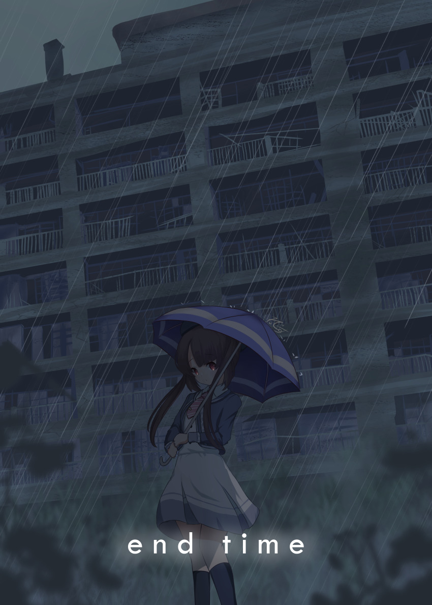 1girl, 7sdesu, absurdres, brown_hair, building, city, closed_mouth, cloud, cloudy_sky, highres, holding, holding_umbrella, kneehighs, long_hair, long_sleeves, ongeki, outdoors, rain, red_eyes, red_umbrella, sailor_collar, school_uniform, serafuku, shinonome_tsumugi_(ongeki), shirt, skirt, sky, socks, solo, standing, transparent, transparent_umbrella, umbrella, white_shirt