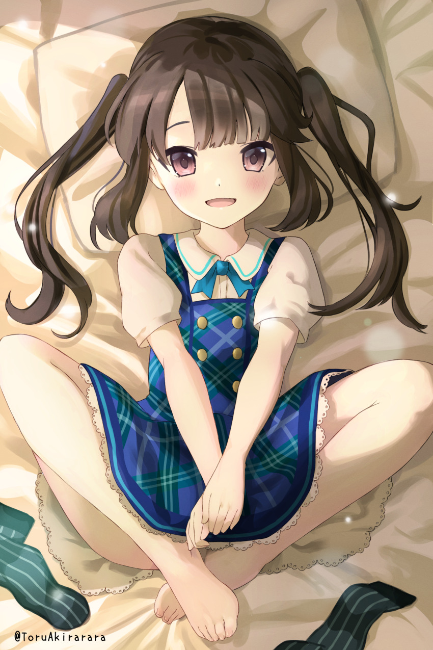 1girl, :d, akira_tooru, barefoot, blush, brown_eyes, brown_hair, commission, dress, highres, loli, long_hair, looking_at_viewer, lying, on_back, ongeki, open_mouth, pinafore_dress, plaid_clothes, plaid_dress, school_uniform, shinonome_tsumugi_(ongeki), short_sleeves, skeb_commission, skirt, sleeveless, sleeveless_dress, smile, solo, suspender_skirt, suspenders, toes, twintails, v_arms