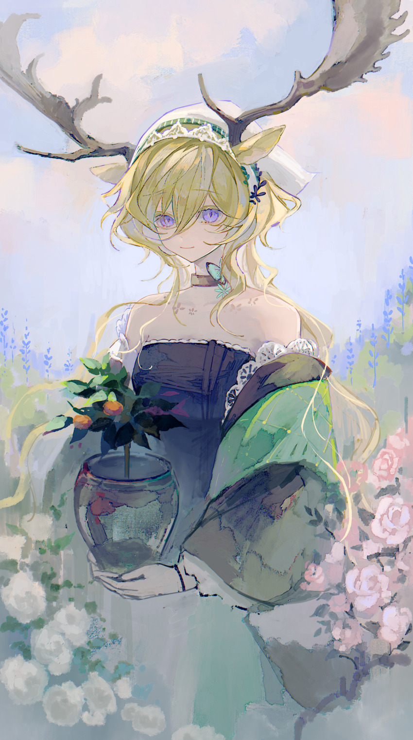 1girl, absurdres, antlers, arknights, bare_shoulders, black_dress, blonde_hair, choker