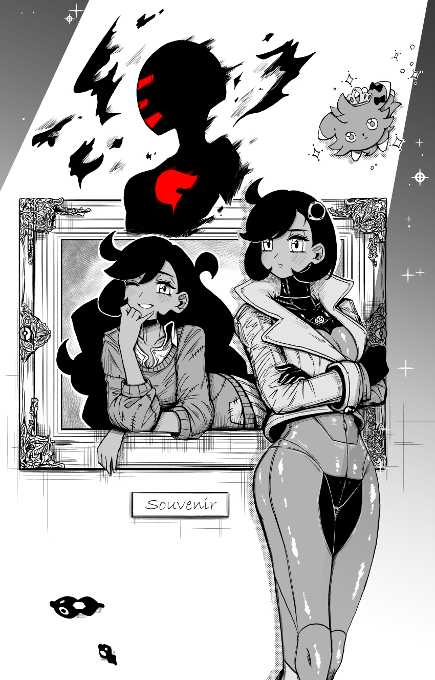 absurdres, ahoge, blush, bodysuit, bow, closed_mouth, clothed_pokemon, commentary_request, crossed_arms, dark-skinned_female, dark_skin, emma_(pokemon), english_text, espurr, essentia_(pokemon), eyelashes, floating, gen_6_pokemon, gloves, hair_ornament, hand_on_own_face, head_rest, highres, jacket, legendary_pokemon, long_hair, long_sleeves, multiple_girls, multiple_persona, nintendo, one_eye_closed, patch, patchwork_clothes, picture_frame, pokemon, pokemon_(creature), pokemon_legends:_z-a, pokemon_x_and_y, rirokatta, short_hair, smile, sparkle, spot_color, standing, sweater, team_flare, tiara, zygarde, zygarde_cell