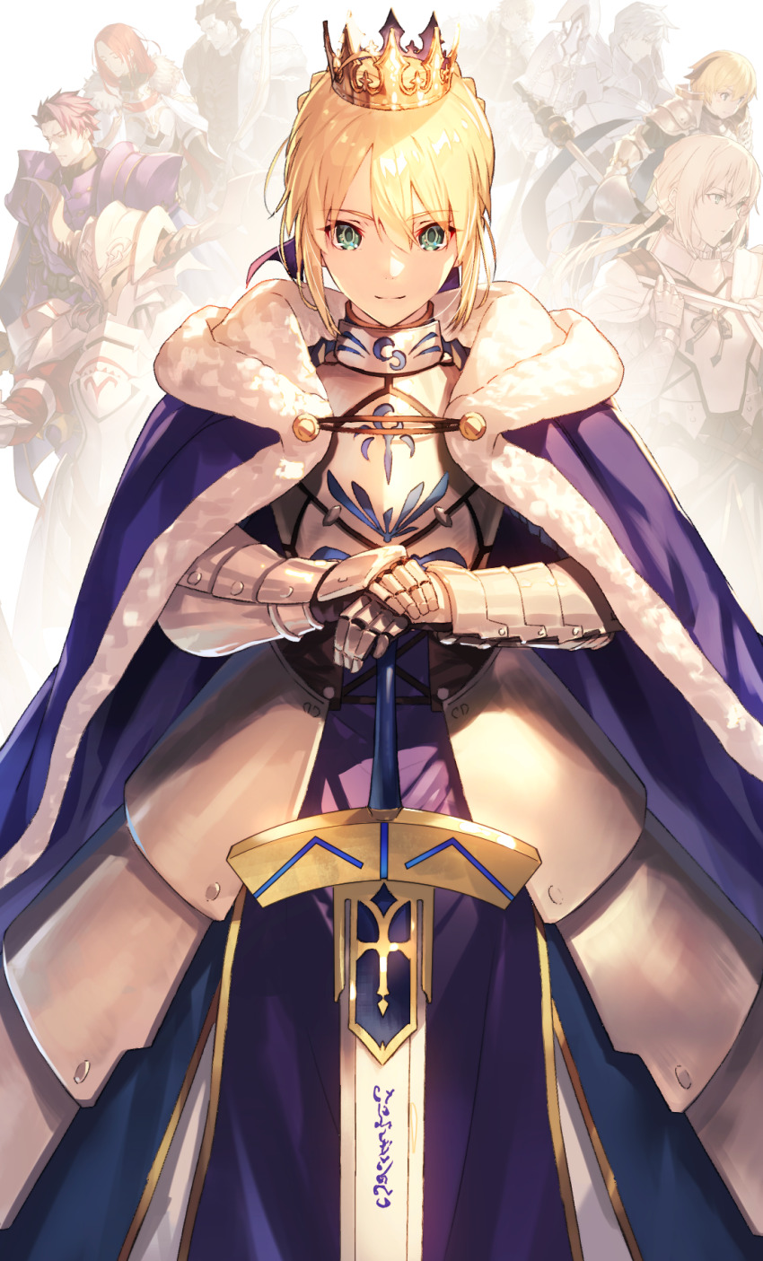 3girls, 6+boys, agravain_(fate), ahoge, armor, armored_dress, artoria_pendragon_(fate), bedivere_(fate), black_hair, blonde_hair, blue_cape, blue_dress, blue_ribbon, bow_(weapon), braid, breastplate, brown_hair, bun_with_braided_base, cape, closed_eyes, closed_mouth, crown, dress, excalibur_(fate/stay_night), failnaught_(fate), fake_horns, fate/grand_order, fate/stay_night, fate_(series), faulds, fur-trimmed_cape, fur_trim, gareth_(fate), gareth_(third_ascension)_(fate), gauntlets, gawain_(fate), gawain_(third_ascension)_(fate), gold_trim, green_eyes, grey_hair, hair_between_eyes, hair_bun, hair_ribbon, hair_slicked_back, hand_up, helmet, highres, holding, holding_bow_(weapon), holding_polearm, holding_weapon, horned_helmet, horns, knights_of_the_round_table_(fate), lancelot_(fate/grand_order), lancelot_(first_ascension)_(fate/grand_order), long_hair, longinus_(weapon)_(fate), looking_ahead, looking_at_viewer, mordred_(fate), mordred_(fate/apocrypha), multicolored_hair, multiple_boys, multiple_girls, nakanishi_tatsuya, own_hands_together, pauldrons, percival_(fate), polearm, prosthesis, prosthetic_arm, purple_hair, red_hair, revision, ribbon, saber_(fate), secret_of_pedigree_(fate), short_hair, shoulder_armor, smile, streaked_hair, sword, tristan_(fate), tristan_(third_ascension)_(fate), twintails, weapon, white_background, white_cape