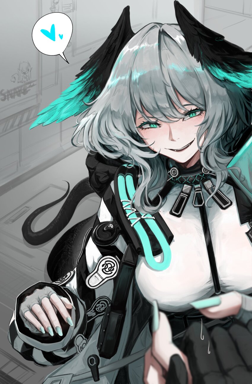 1girl, 1other, absurdly_long_tail, absurdres, aqua_nails, aqua_wings, arknights, blurry