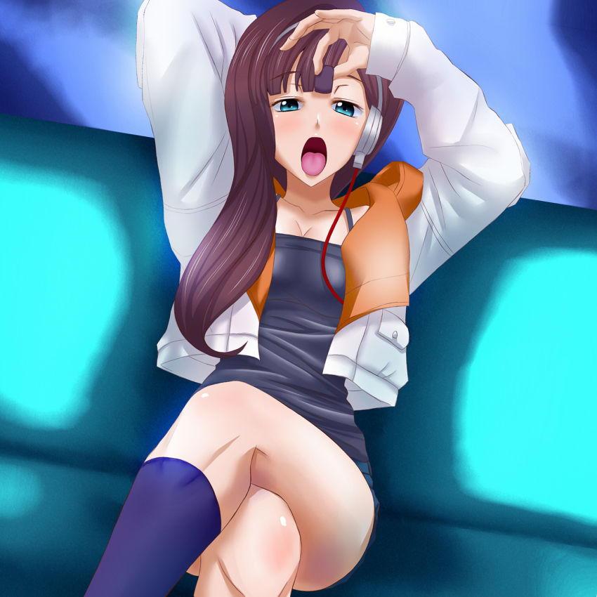 10s, 1girl, arakune_(sacred_seven), blue_eyes, brown_hair, crossed_legs, female_focus, headphones