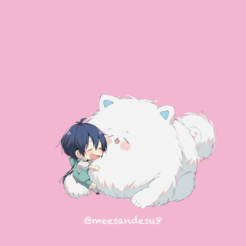 1boy, aqua_overalls, aqua_shirt, aqua_shorts, blue_hair, blush_stickers, chibi, closed_eyes, dog, from_side, full_body, highres, hug, lloyd_de_saloum, medium_hair, obakesandesu8, open_mouth, overalls, pink_background, shiro_(dai_nana_oji), shirt, shorts, simple_background, smile, tensei_shitara_dai_nana_oji_datta_no_de:_kimama_ni_majutsu_o_kiwamemasu