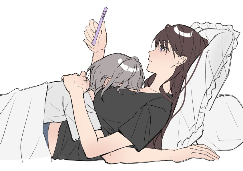 2girls, bang_dream!, bang_dream!_it's_mygo!!!!!, between_breasts, black_shirt, breasts, brown_hair, cellphone, closed_mouth, commentary, cuddling, face_between_breasts, grey_hair, hand_on_another's_back, head_between_breasts, highres, holding, holding_phone, linh_3l, long_hair, lying_on_person, mole, mole_under_eye, multiple_girls, phone, pillow, purple_eyes, shiina_taki, shirt, short_hair, short_sleeves, simple_background, smartphone, untranslatable_commentary, takamatsu_tomori, white_background, white_shirt, yuri