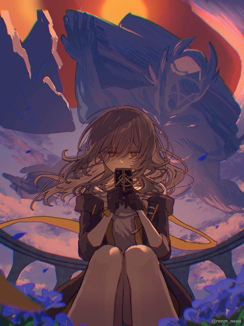 1girl, absurdres, black_gloves, black_jacket, blue_flower, cellphone, floating_hair, flower