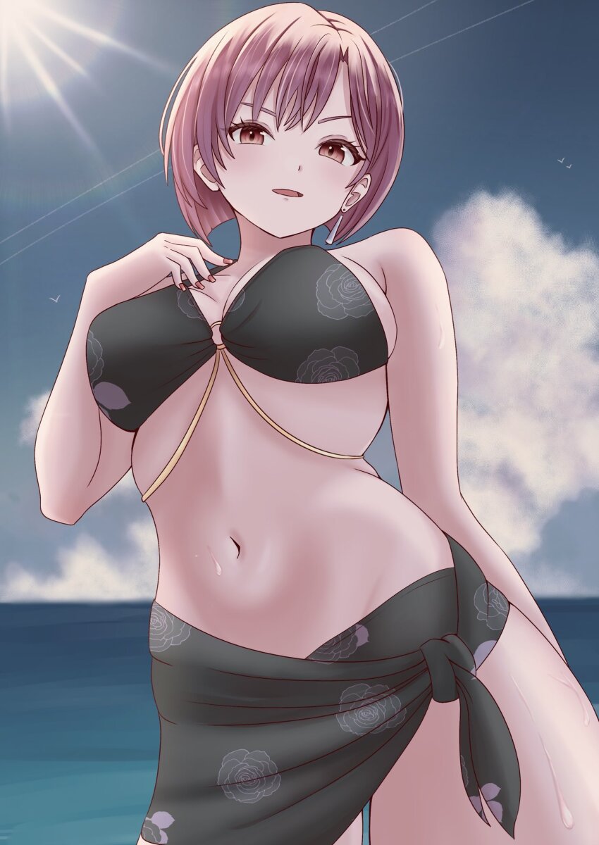 1girl, breasts, cloud, cloudy_sky, earrings, fingernails, heaven_burns_red, highres