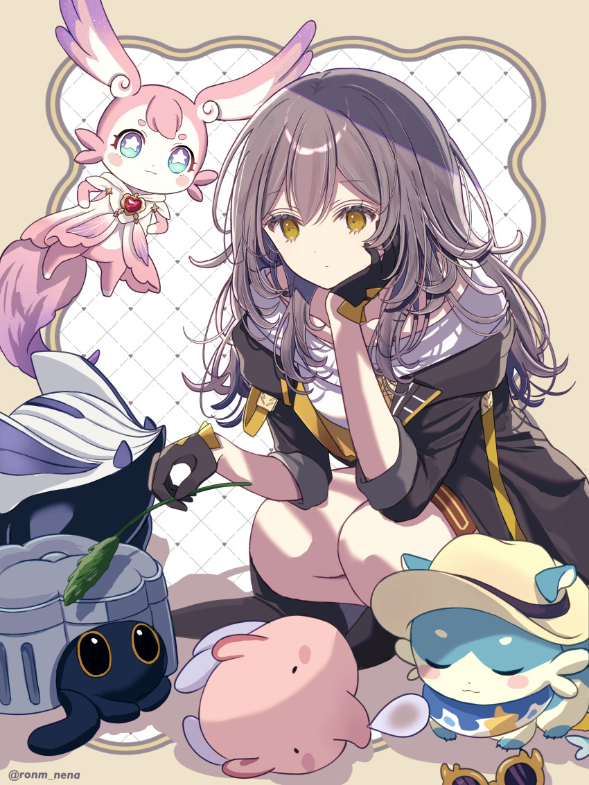 1girl, 5others, absurdres, aqua_eyes, black_gloves, black_jacket, bubbles_(honkai:_star_rail), cake_cat_(honkai:_star_rail)