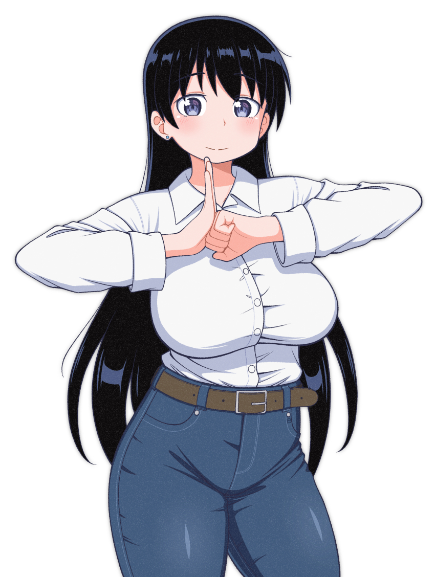 1girl, absurdres, arato_nagi, belt, black_hair, blue_pants, blush, breasts