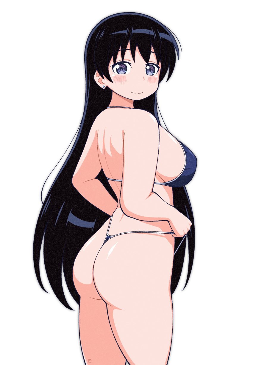 1girl, absurdres, arato_nagi, artist_logo, ass, back, bare_arms, bikini, black_hair, blue_bikini, blush, breasts, closed_mouth, commentary_request, curvy, dokadayo, earrings, highleg, highleg_bikini, highres, huge_ass, jewelry, large_breasts, logo, long_hair, looking_at_viewer, purple_eyes, ruri_no_houseki, shiny_skin, shoulder_blades, sideboob, sidelocks, simple_background, smile, solo, standing, stud_earrings, swimsuit, thong, thong_bikini, very_long_hair, white_background, wide_hips