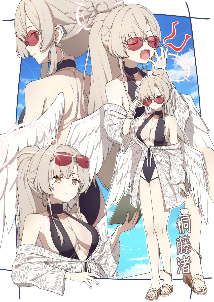 1girl, absurdres, black_one-piece_swimsuit, blonde_hair, blue_archive, blue_sky, body_chain, fuhao10708