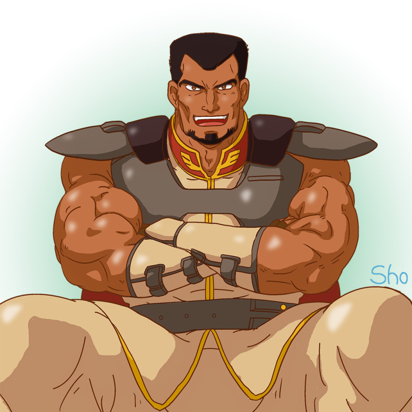 1boy, adam's_apple, artist_name, bara, black_hair, brown_eyes, commentary_request, crossed_arms, dark-skinned_male, dark_skin, gundam, gundam_zz, looking_at_viewer, male_focus, muscular, muscular_male, open_mouth, rakan_dahkaran, sho_(432054), short_hair, simple_background, solo