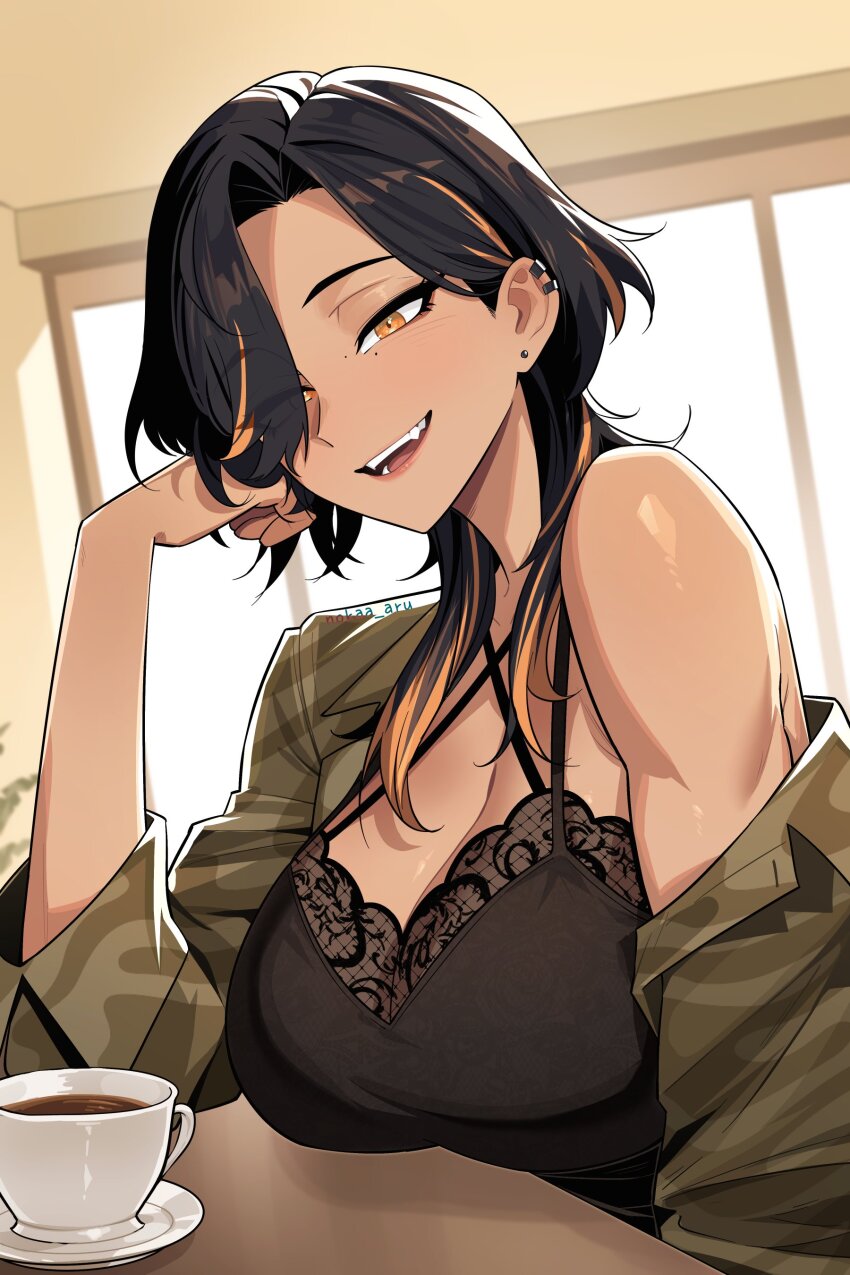 1girl, absurdres, artist_name, black_camisole, black_hair, blush, breasts, camisole