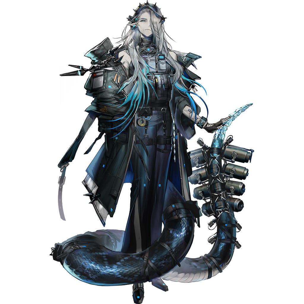 1girl, arknights, banban_(vvvviiiiiia), full_body, grey_hair, infection_monitor_(arknights), mantra_(arknights), official_art, pointy_ears, rattlesnake, rhodes_island_uniform, simple_background, snake_girl, snake_tail, solo, standing, tachi-e, tail, third-party_source, transparent_background, very_long_tail